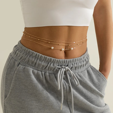 Sexy and Minimalist Imitation Pearl Chain Metal Waist Chain Mixed and Stacked Fashion Girl Beaded Woven Body Chain Belly Chain