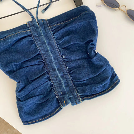 SINGREINY Beach Denim Tank Top 2026 Halter Ruched Slim Solid Camisole Streetwear Hot Girl Basics Y2K Backless Sexy Crop Top