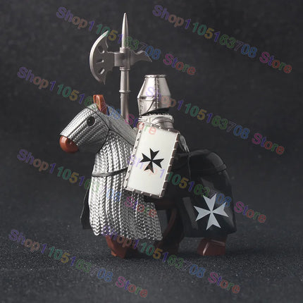 MOC Medieval Military Crusader Knight Building Blocks Castle Army Soldier Figure Horse Mount Shield Sword Accessories Bricks Toy