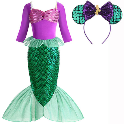 Halloween Christmas Holiday Birthday Party Mermaid Princess Same Style Girl Ariel Cosplay Long Sleeve Mermaid Dress Accessory