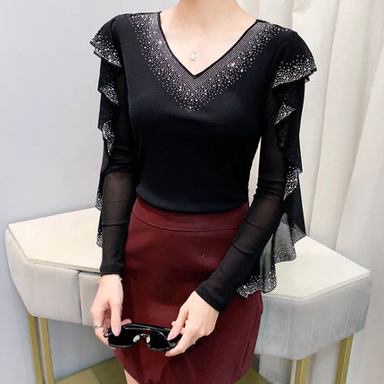 2025 Autumn New Style Mesh Tops Korean Fashion Round Neck Ruffles Shirt Lotus Leaf Edge Hot Diamond Long Sleeve Women T Shirt