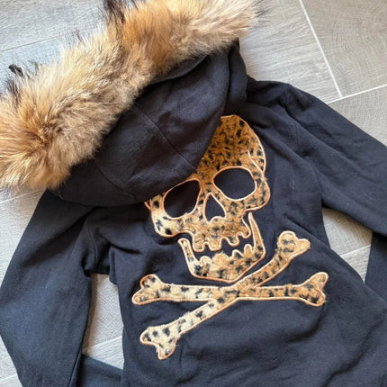 Y2K Harajuku New Fashion Skull Embroidery Plus Velvet Padded Casual Joker Vintage Popular Hip Hop Couples Fur Collar Coat Tops