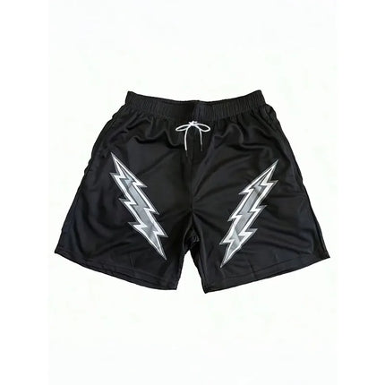 Black Basic Lightning Bolt Shorts, Worn Outdoors and Indoors in Summer