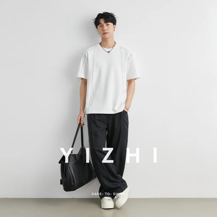 Men's Heavyweight 240g Stitch Trim Split Short Sleeve T-shirt 2026 Summer Crew Neck Loose Drop Shoulder Casual Versatile Top