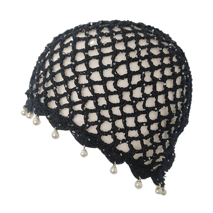 Retro Ethnic Hollow Knit Head Wrap Hat Sequins Pearl Fringe Tassel Crochet Beanie Bohemian Breathable Summer Women Pullover Cap