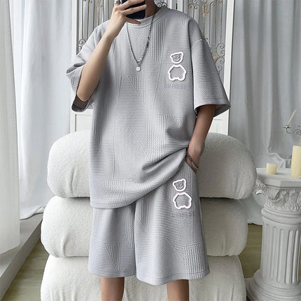 Casual Sportswear Set for Men Summer Short Sleeve Five-Quarter Pants Polyester Fiber Big Size Two-Piece Suit T-Shirt Shorts