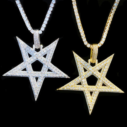 Aokaishen Iced Out Big Star Necklace Pendant for Men 5A Cubic Zirconia Prong Setting Hip Hop Jewelry