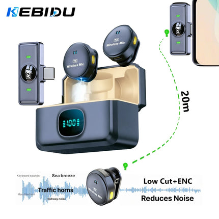 KEBIDU Wireless Lavalier Microphone Double Noise Reduction HiFi Sound 1 to 2 Mini Magnetic Mic For Video Recorde Live Streaming