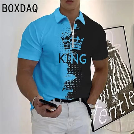 3D King Printed Polos Summer Short Sleeve Turndown Collar Casual Tops Fashion Oversized Men High Quality Zipper Pullover Polos
