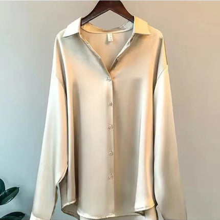 Plus Size Casual Women Silk Shirt 2025 New Fashion Loose Long Sleeve Button-Down Blouse Female Elegant Top Office Acetate Shirts