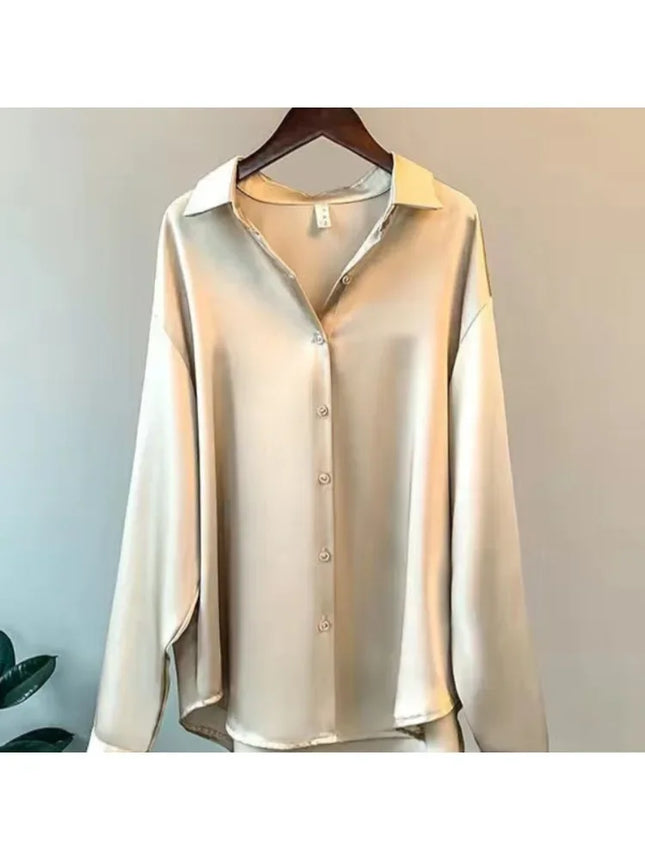 Plus Size Casual Women Silk Shirt 2025 New Fashion Loose Long Sleeve Button-Down Blouse Female Elegant Top Office Acetate Shirts