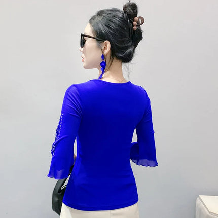 2025 Spring Summer Mesh Tops Korean Fashion Diamond T Shirt Slim 3/4 Sleeve Hollow Out Casual Women Shirt