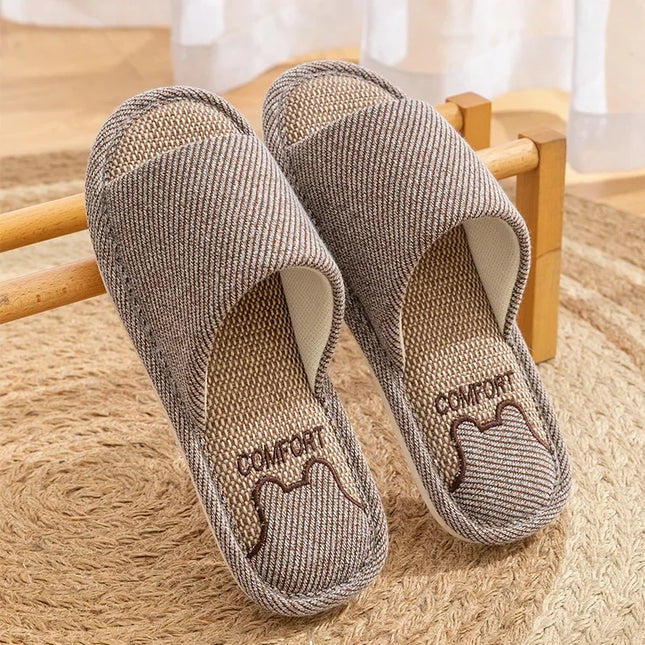 Four Season Couples Home Linen Slippers Women Floor Non-slip Slippers Men Indoor Bedroom Four Seasons Linen Open Toe Flip Flops