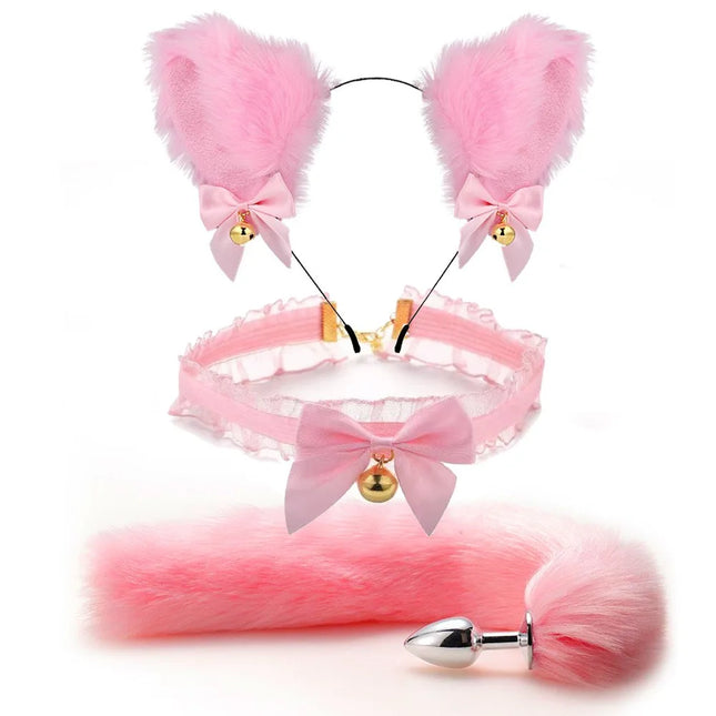 5Pcs Cute Fox Tail Anal Plug Bow-Knot Soft Cat Ears Headbands Collar Erotic Cosplay Couples Sex Toys Paw Gloves Bell Kawaii