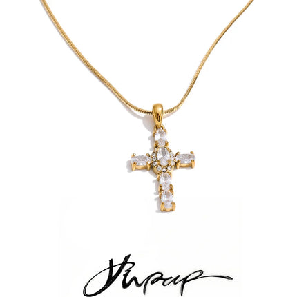 Yhpup Delicate AAA Cubic Zirconia Cross Pendant Necklace Gift Gold Platinum Color PVD Plated Premium Classic Shiny Chic Jewelry