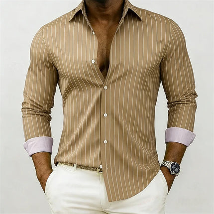 New men's striped shirt, outdoor street style, business casual, lapel collar, long sleeves, versatile and fashionable men's top.