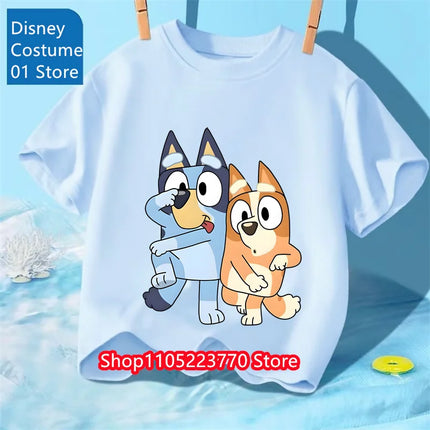 Kids Bluey Printed T-Shirt Autumn Winter Cartoon Short Sleeve Playwear Tee Comfortable Top for Boys Girls