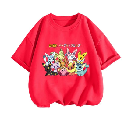 2026 Summer Pokemon Eeveelutions & Kirby Group Print T-Shirt, 100% Cotton Loose Casual Oversized Tee for Adults & Kids Y2k