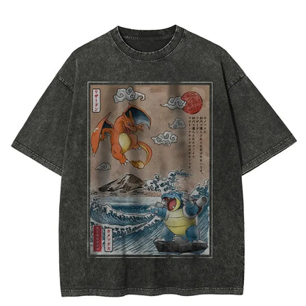 Pokemon The Starters Abbey Road Parody T Shirt Men 2026 Summer Vintage Acid Wash Oversized Tee Anime Streetwear