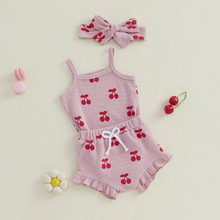Infant Baby Girls Outfits Sleeveless Cherry Print Romper Shorts Pants Headband 3PCS Newborn Girl Summer Clothes Set