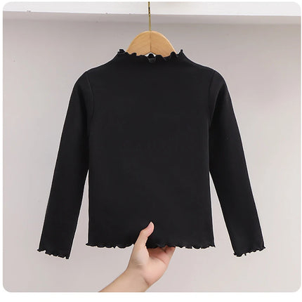 Girls' Long-Sleeve T-Shirt with Ruffle Edges, Soft and Warm Fashion Solid Color Tops, Cute Spring Autumn Casual Shirt for Kids