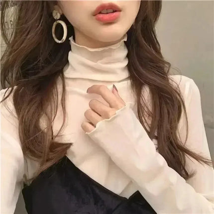 High Neck Sheer Mesh Top Women Clothing Long Sleeve Turtleneck T-shirt Korean Sexy See Through Black White Beige Shirt New