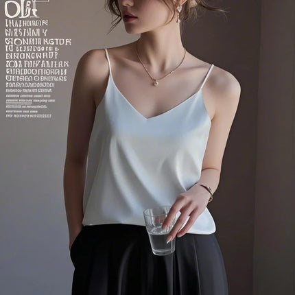 2026 Spaghetti Strap Top Women Halter V Neck Basic White Cami Sleeveless Satin Silk Tank Tops Women's Summer Camisole Crop Top