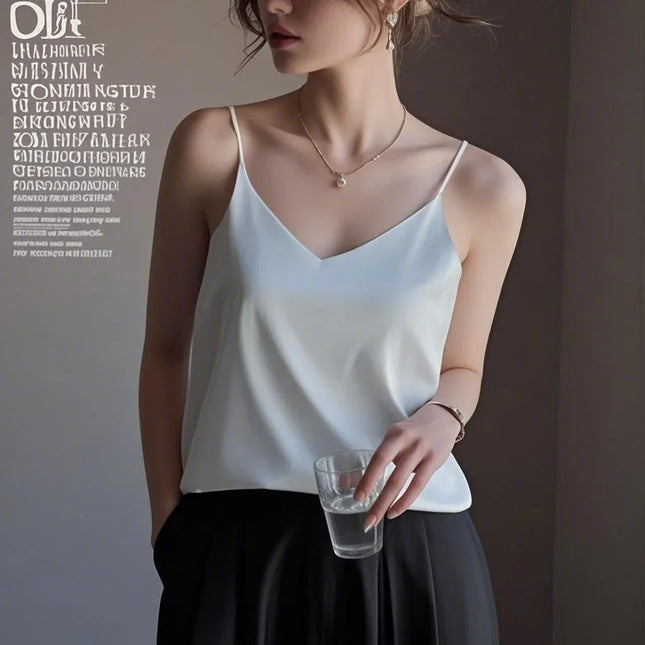 2026 Spaghetti Strap Top Women Halter V Neck Basic White Cami Sleeveless Satin Silk Tank Tops Women's Summer Camisole Crop Top