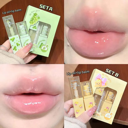2Pcs Moisturizing Lip Balm & Lip Oil Set Deep Hydration Lip Care Kit Reduces Lip Lines Plumps Lips for Soft And Smooth Pout