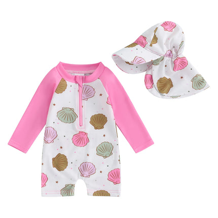 Kids Baby Girls Boys Beach Swimwear Floral/Tropical Tree Print Long Sleeve Zip Up Rompers Swimsuit Bathing Suits with Hat