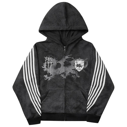 Autumn Winter Casual Loose Party Harajuku Zipper Coat American High Street Vintage INS Hip Hop Striped Print Long Sleeved Hoodie