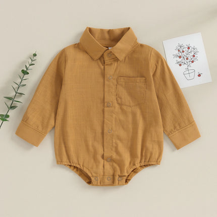 Pudcoco Infant Baby Boy Gentleman Romper Solid Color Long-Sleeved Lapel Front Button Jumpsuit with Pocket Toddler Clothes 0-24M