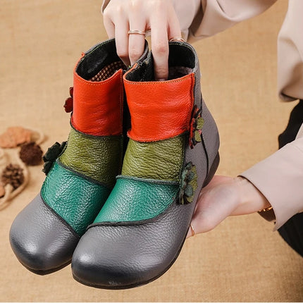 WOIZGIC Mother Women's Genuine Leather Boots Female Ankle Shoes Zipper Ethnic Style Autumn Plush Fur Warm Flower