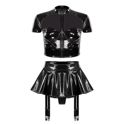 Womens Wet Look PU Leather Lingerie Set Push-up Underwire Cutout Short Sleeve Crop Top with Built-in Thongs Miniskirt Clubwear
