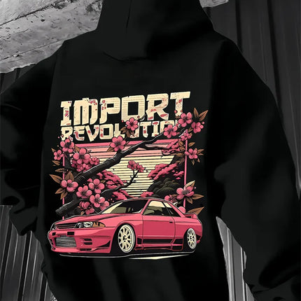 Men's Casual Hoodie, Cherry Blossom and Racing Pattern Print, "import Revolution" Text, Regular Style Autumn and Winter Pullover
