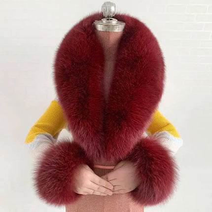 Winter Natural Fox Fur Scarf And Cuff Set Women Jacket Fur Collar Authentic Neck Warm Scarves Luxury Fluffy Fox Fur Shawl