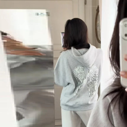 Women Fashion Sequin Angel Wings Printed Hoodies Casual Long Sleeved Hooded Solid Color Tops 2025 New High Street Y2k Outwear