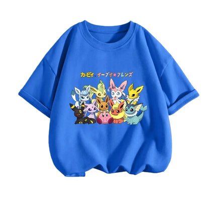 2026 Summer Pokemon Eeveelutions & Kirby Group Print T-Shirt, 100% Cotton Loose Casual Oversized Tee for Adults & Kids Y2k