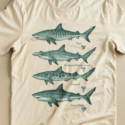 Shark Species T-Shirt, Vintage Style Marine Biology T-Shirt Featuring Natural Tiger Shark, Hammerhead Shark, and Leopard Shark
