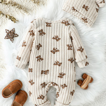 Newborn Fall Unisex Baby Girls Boys Rompers Infant Clothes Bear Print Crew Neck Long Sleeve Toddler  Jumpsuits with Hat 1-24M