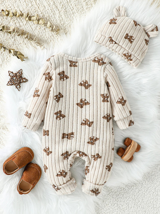 Newborn Fall Unisex Baby Girls Boys Rompers Infant Clothes Bear Print Crew Neck Long Sleeve Toddler Jumpsuits with Hat 1-24M