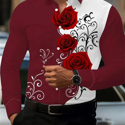 2026 Men's Fashion Red Rose Print Long-Sleeve Shirt, Stylish Casual Design, Spring/Autumn Casual Shirt, Sizes XS-6XL