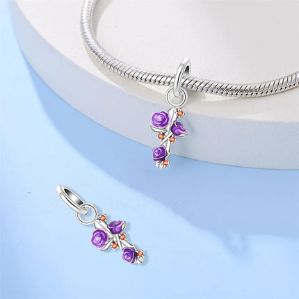 925 Sterling Silver Inlaid Heart-Shaped Beads & Rose Dangle Charm Fits Snake Bracelet Boutique Necklace Purple Pendant Gift