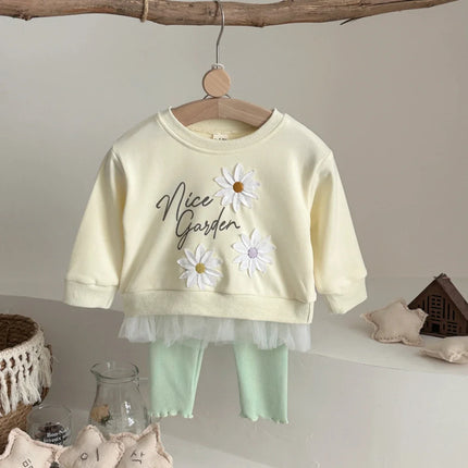 Autumn Toddler Baby Girls Outfit Printed Embroidery Lace Hem Round Neck Sweatshirt Solid Elastic Waist Pants Spring Clothes