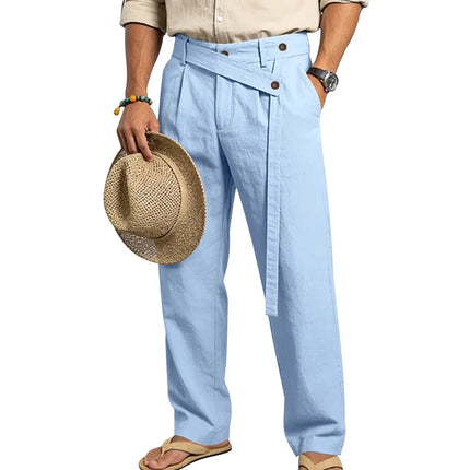 2026 Men's Spring New Models, Large Size American Slanted Waist Linen Casual Trousers for Men with White Background
