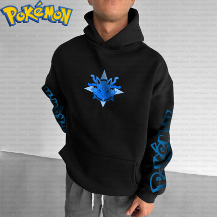 Black Cotton Pokemon Hoodie and Harajuku Pants Set with Lucario Back Print Blue White Aura Effects and Sleeve Character Design