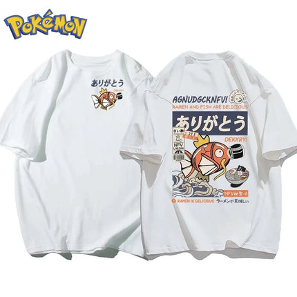 2026 Summer Pokemon Magikarp Ramen Double Sided Print T-Shirt, 100% Cotton Loose Couple & Family Tee for Travel Game & Sports