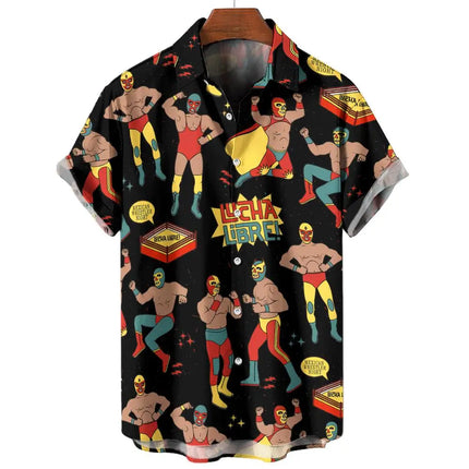 New Retro Men's Shirt 3d Mexican Wrestling Print Short Sleeve Shirt Fashion Man Clothing Loose Oversized Hawaiian Shirts for Men