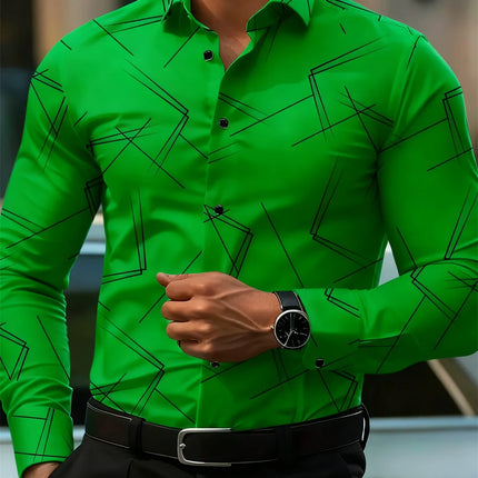 Men's trendy geometric line print long-sleeved shirt Business casual fashion design slim fit non-iron versatile ins style shirt
