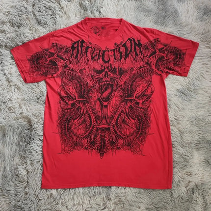 AFFICTION Red Goth Short Sleeves Men Women Vintage Cotton Couple Matching Hip Hop Streetwear Distressed Round Summer Grunge Tee
